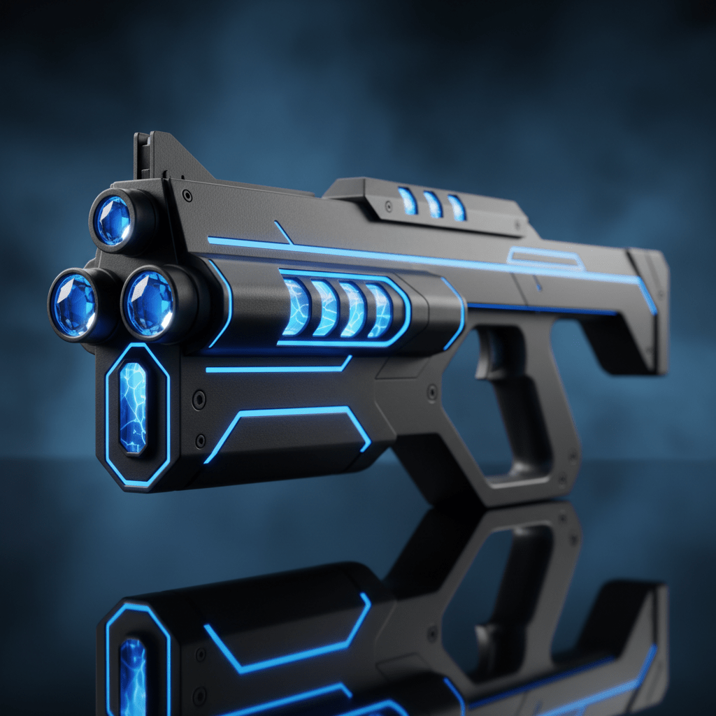 Futuristic sci-fi BB gun with matte black and neon blue accents Futuristic sci-fi BB gun with matte black, neon blue accents, and glowing energy cells.