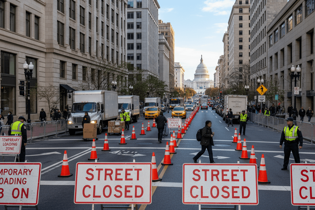 Urban street closure logistics during major event disruptions Wide-angle view of a city street intersection with roadblocks and delivery trucks amid marathon-related closures