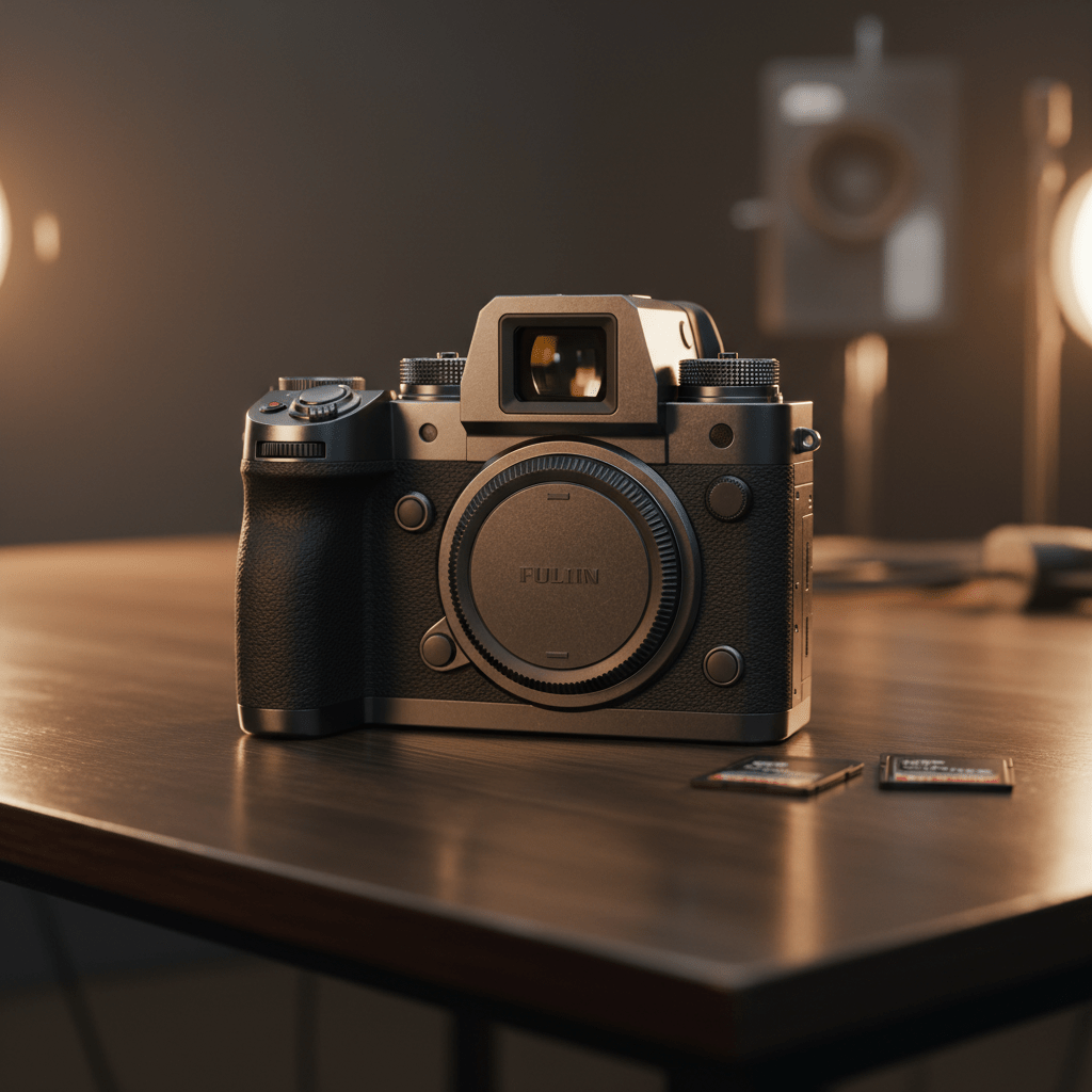 Weather-sealed hybrid camera on a studio desk with glowing viewfinder and control dials.