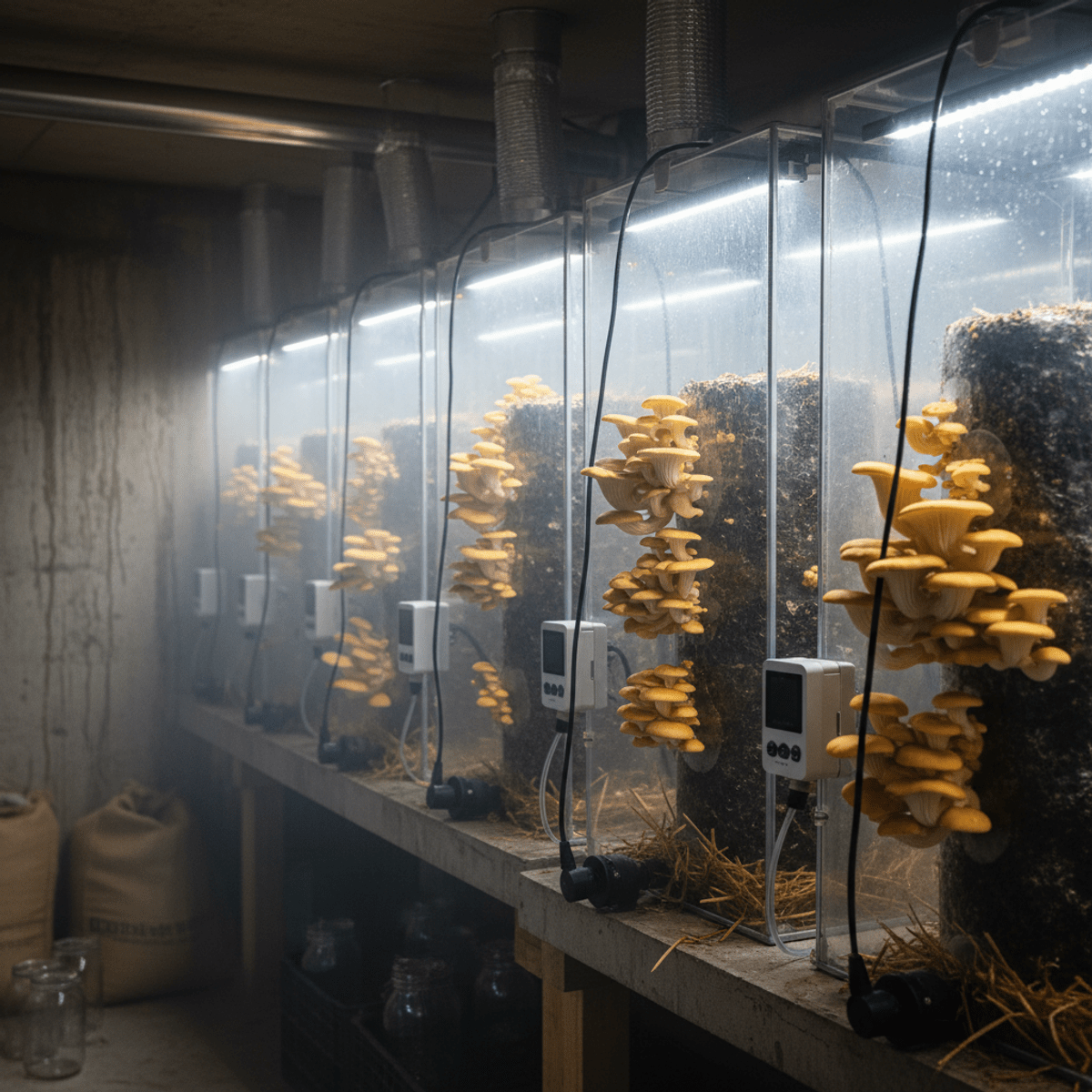 Organized basement mushroom farm with golden oyster mushrooms in growing tents.