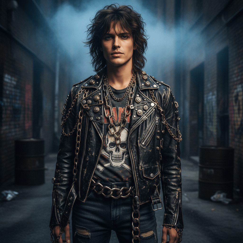 Model in 80s rock style with chains and hardware in a gritty urban alley.