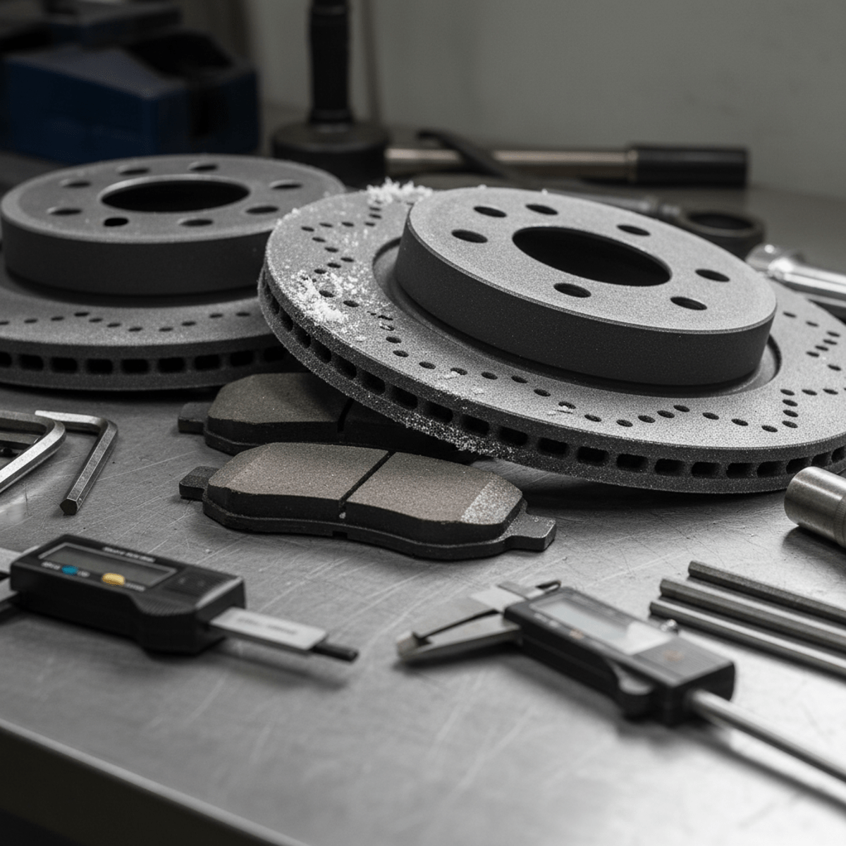 Cryogenically treated truck brake pads and rotors on an industrial workbench.