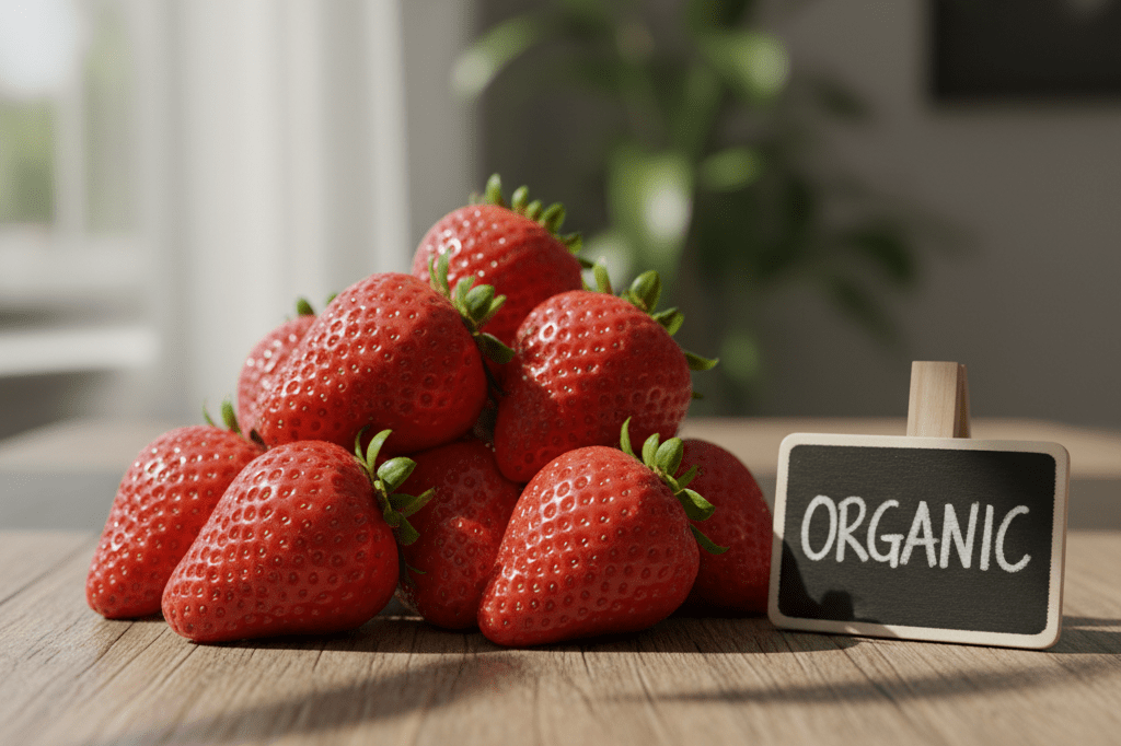 Close-up view of fresh organic strawberries under natural light, highlighting farm-to-table appeal without recognizable branding