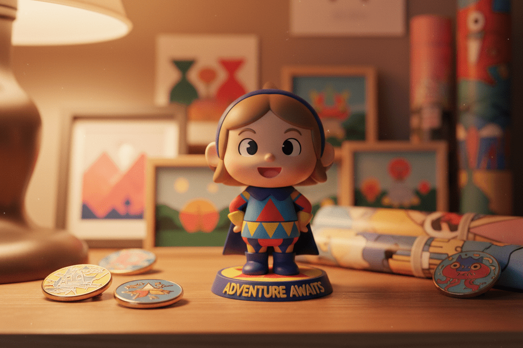 Close-up of a collectible figurine surrounded by art prints and pins under ambient light, symbolizing fan-driven emotional connections