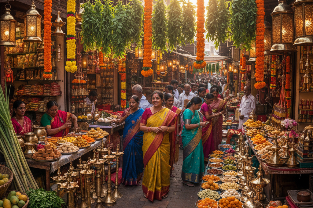 Colorful Ugadi marketplace featuring brassware, flowers, and sweets under natural light, symbolizing seasonal celebration commerce