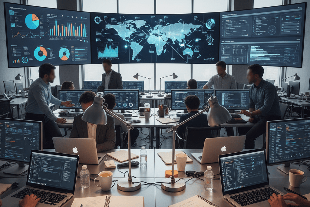 Wide shot of a digital marketing workspace with screens showing analytics, symbolizing strategic global campaigns