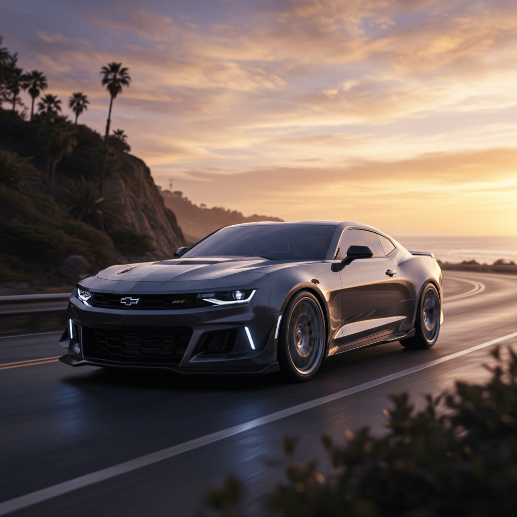 Sleek modern sports coupe with angular lines on a coastal highway at golden hour.