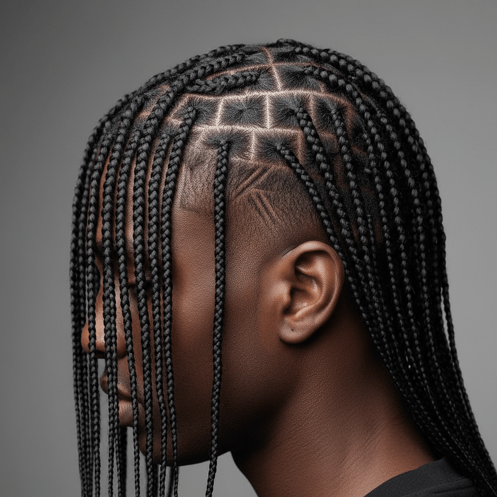 Black male micro knotless braids with intricate geometric undercut design.