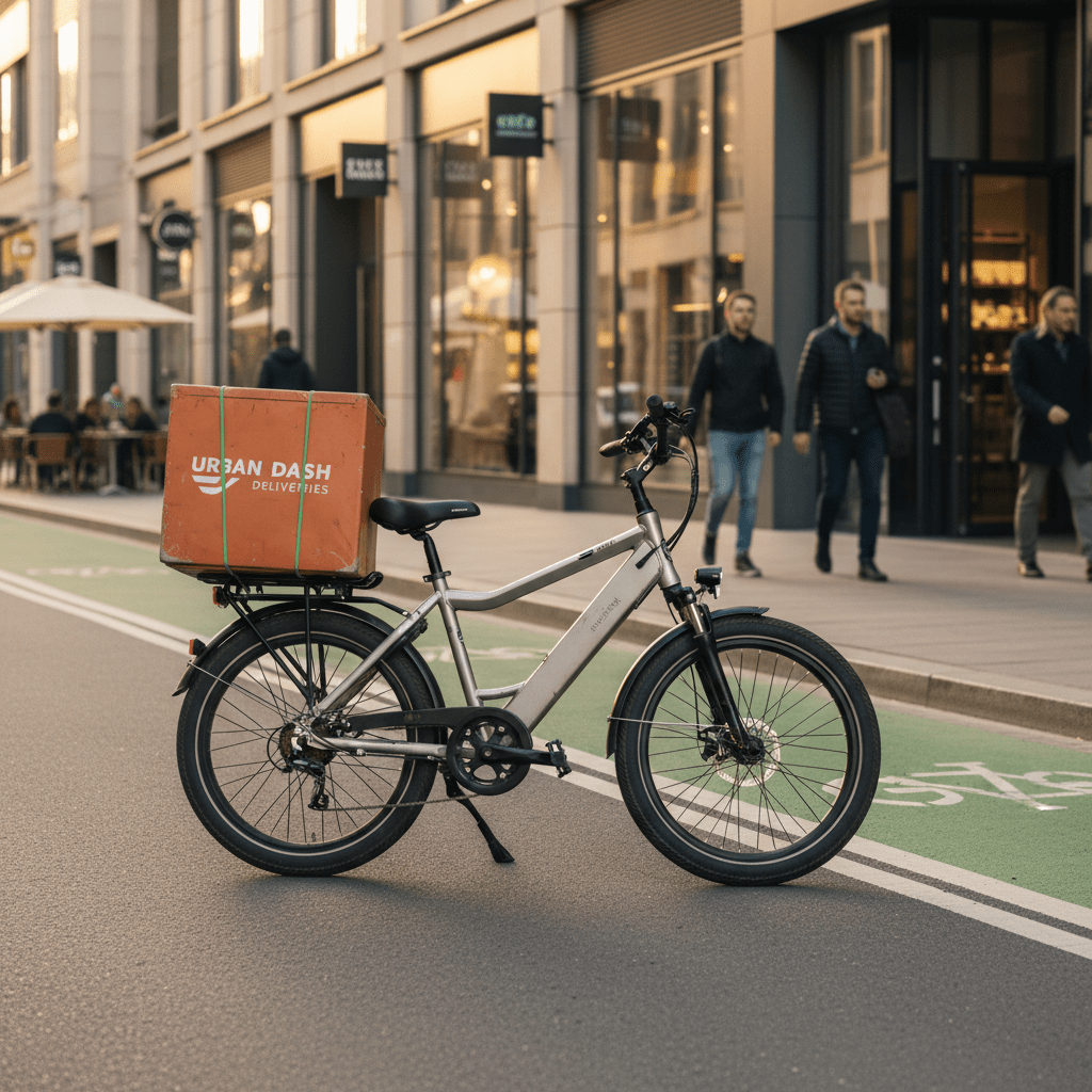 Matte silver e-bike with cargo rack for city courier delivery.
