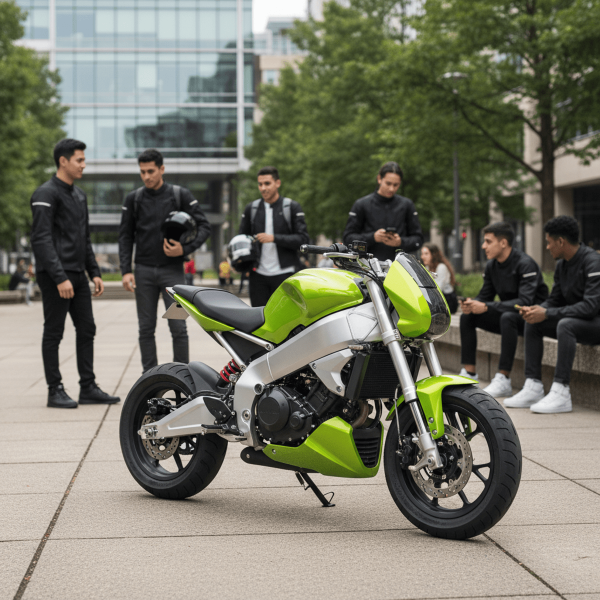 Lime green automatic motorcycle with aluminum frame parked on urban campus.
