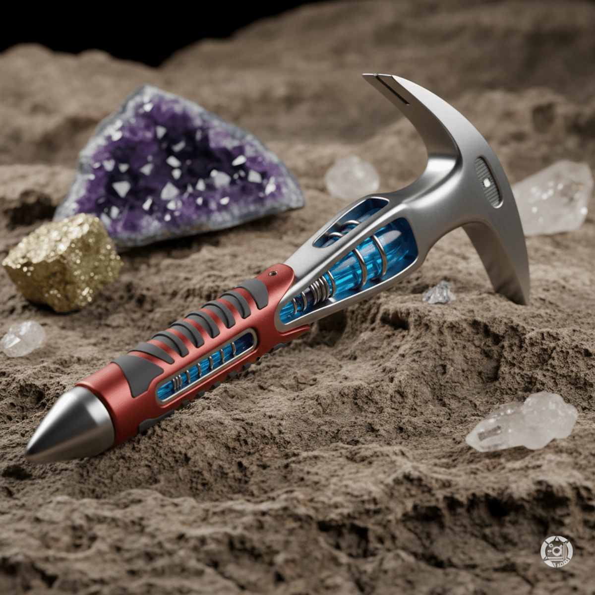 Futuristic geological hammer with multi-layered handle on rocky terrain with mineral specimens.