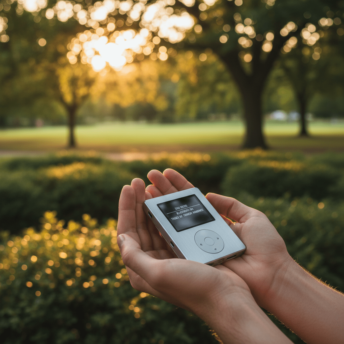 Minimalist E-ink MP3 player in hands during meditation in a sunlit park.