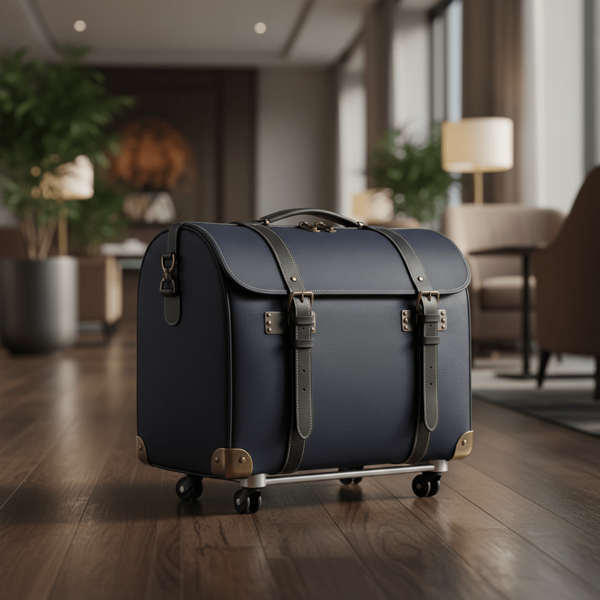 Deep navy trolley bag with antique brass hardware Elegant deep navy trolley bag with antique brass hardware and black leather straps.