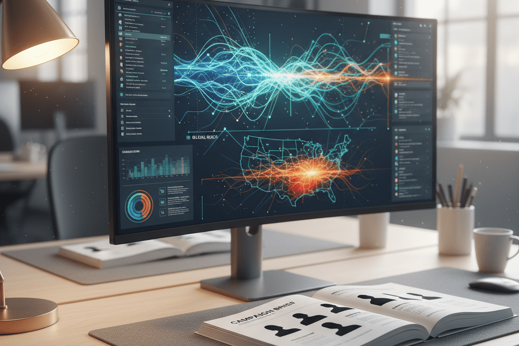 Marketing strategy desk showing regional data and celebrity concepts Office desk with streaming analytics map and campaign notes under warm light illustrating geographic marketing success
