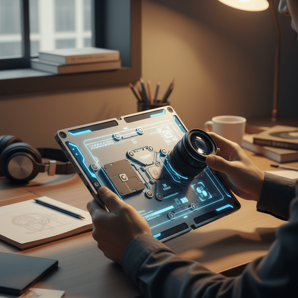 Hands connect camera lens module to transforming tablet with brushed aluminum.