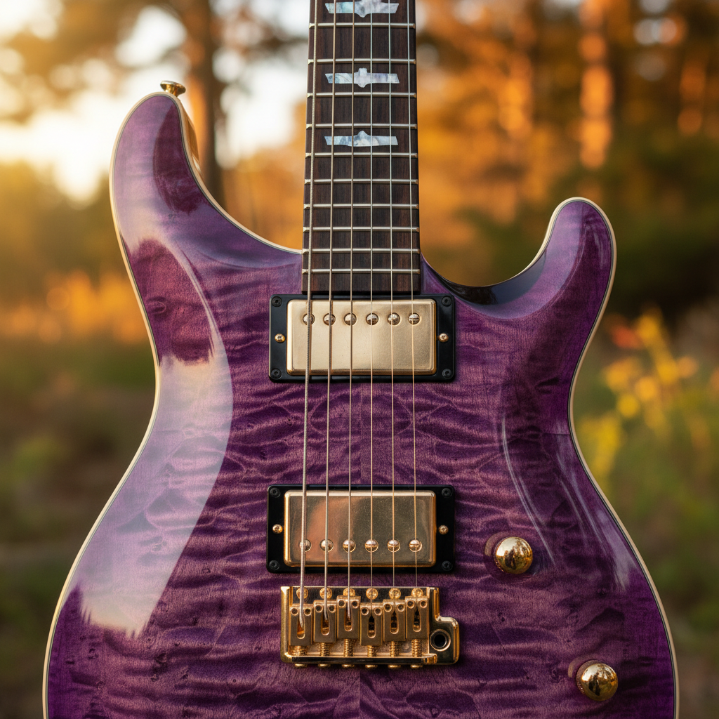 Close-up of a quilted maple guitar with amethyst hue and glowing grain in sunlight.