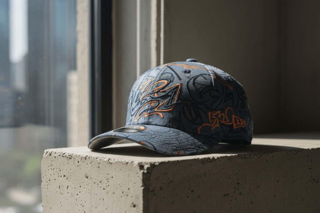 A premium limited-edition baseball cap with abstract tonal embroidery on textured concrete under natural light