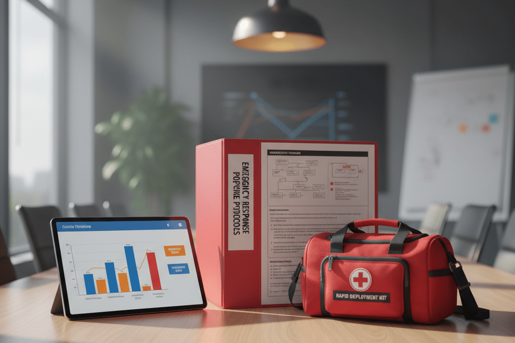 Office table with crisis binder, tablet graph, and go-bag under natural light showing business preparedness