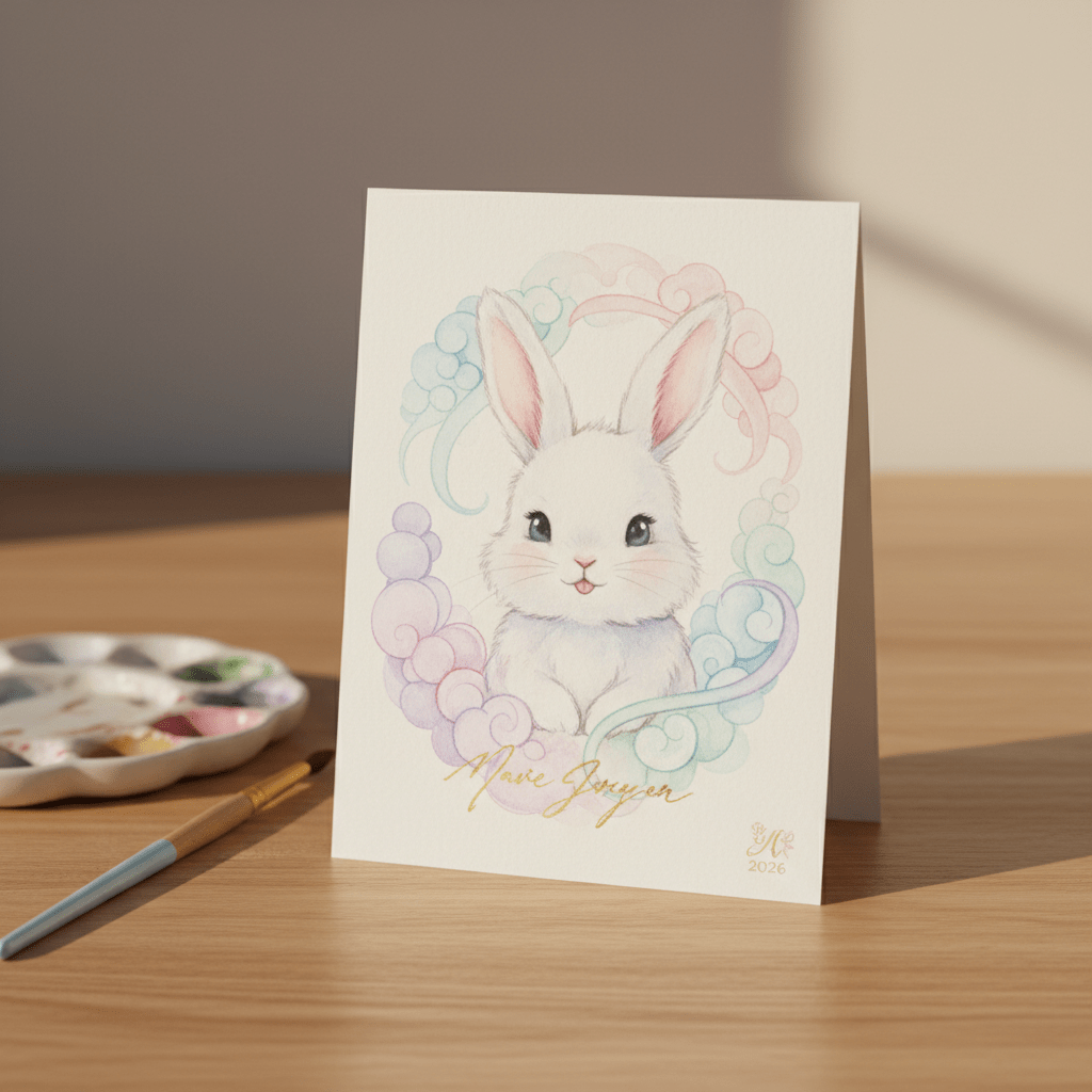 Whimsical watercolor bunny illustration on a greeting card with pastel swirls.
