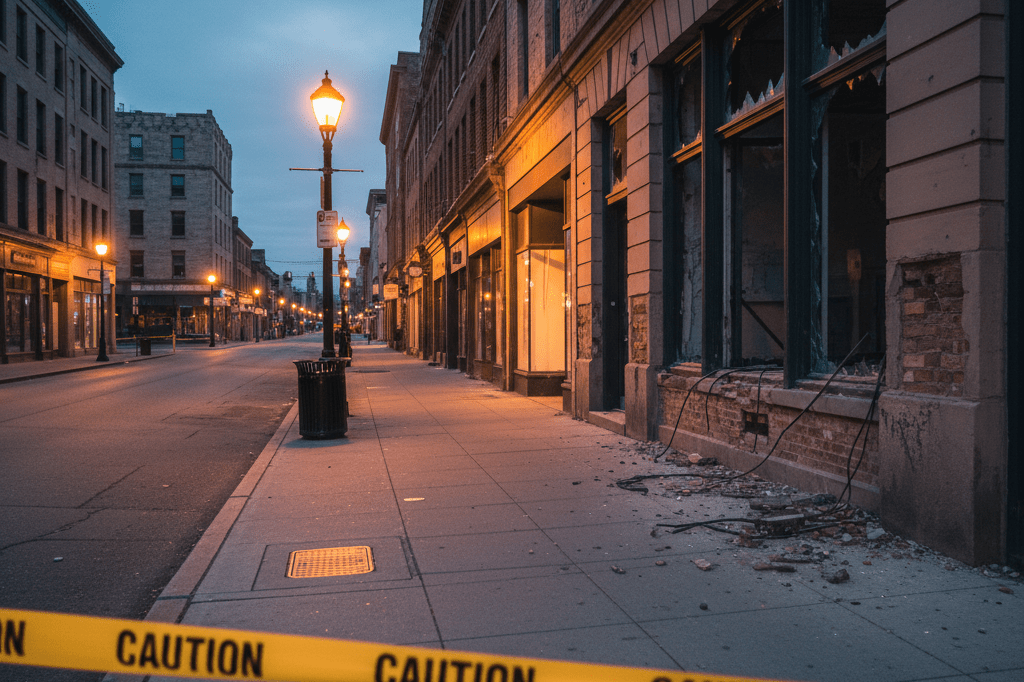 Empty commercial street with caution barriers and visible building damage under warm ambient lighting