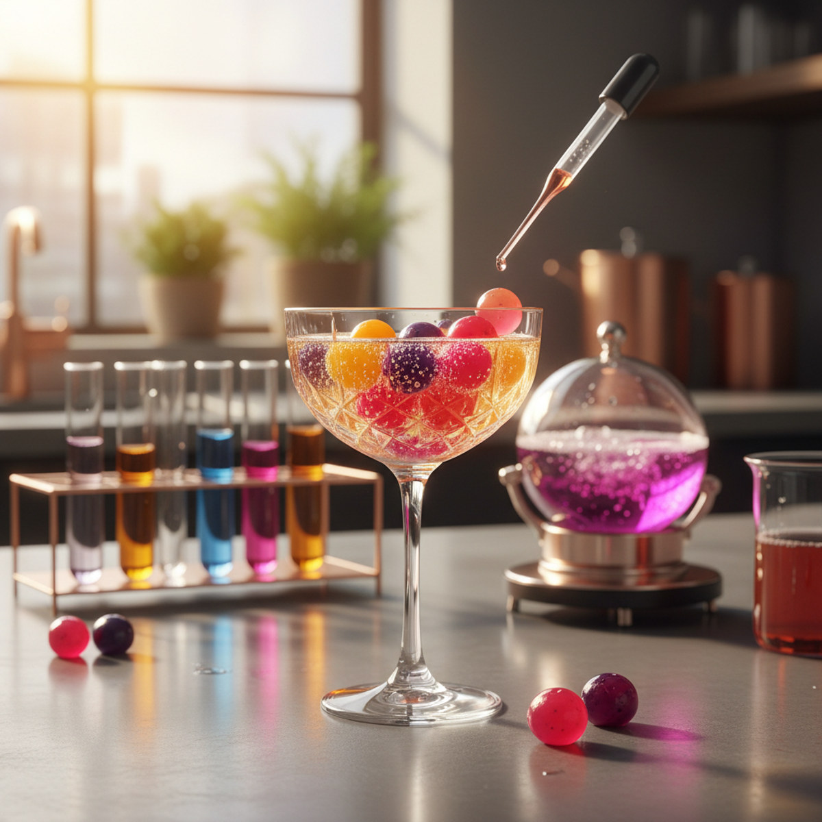 Sparkling cocktail with edible spheres and gastronomy tools Sparkling cocktail with jewel-toned edible spheres and molecular gastronomy tools.