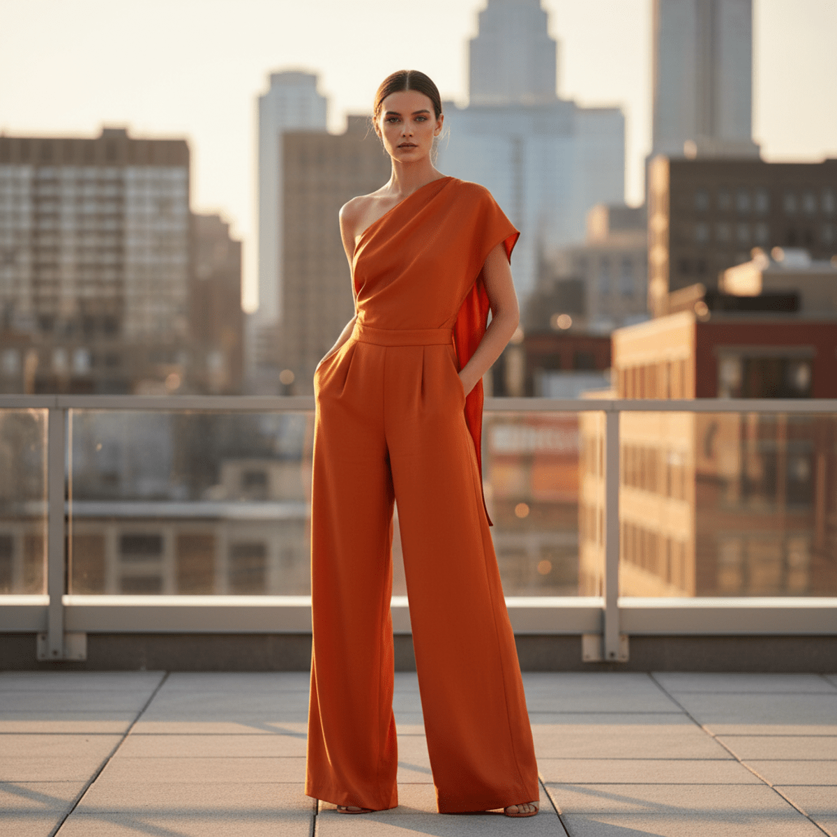 Model in bold orange outfit on sunlit rooftop, city skyline blurred.