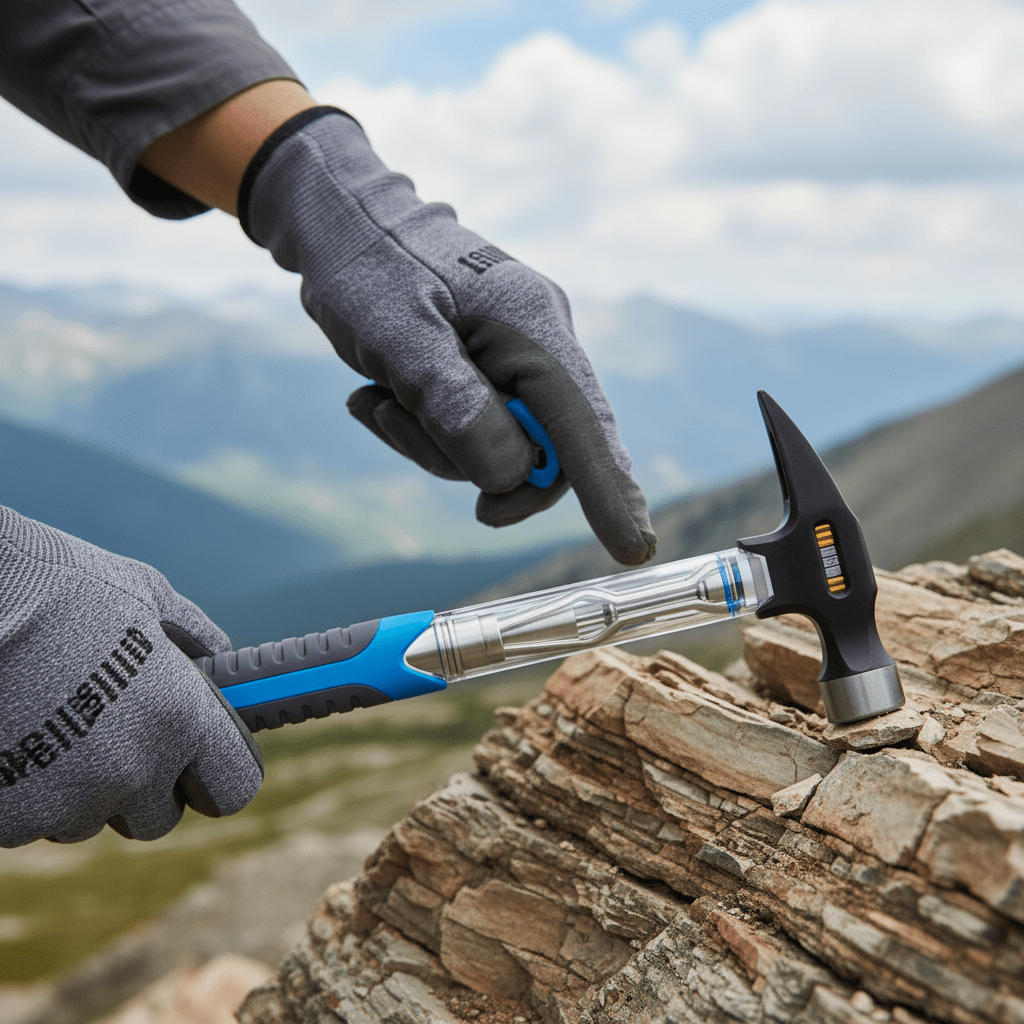 Geologist's hands grip advanced hammer striking rock, revealing mineral layers.
