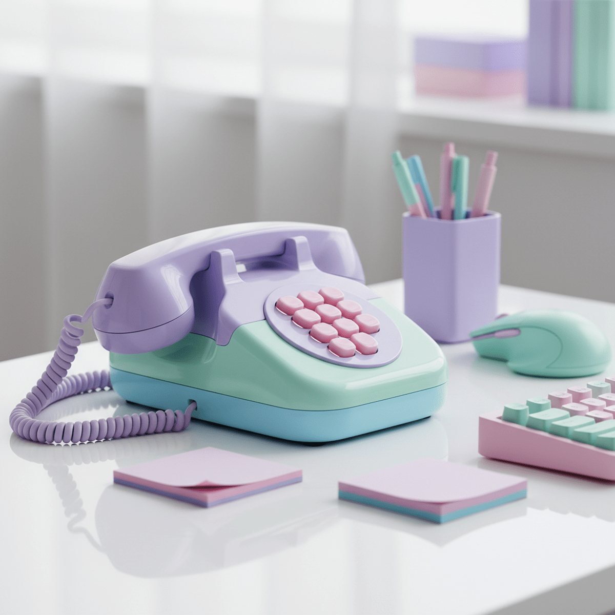 Retro phone in pastel colors with chunky buttons on a glossy desk.