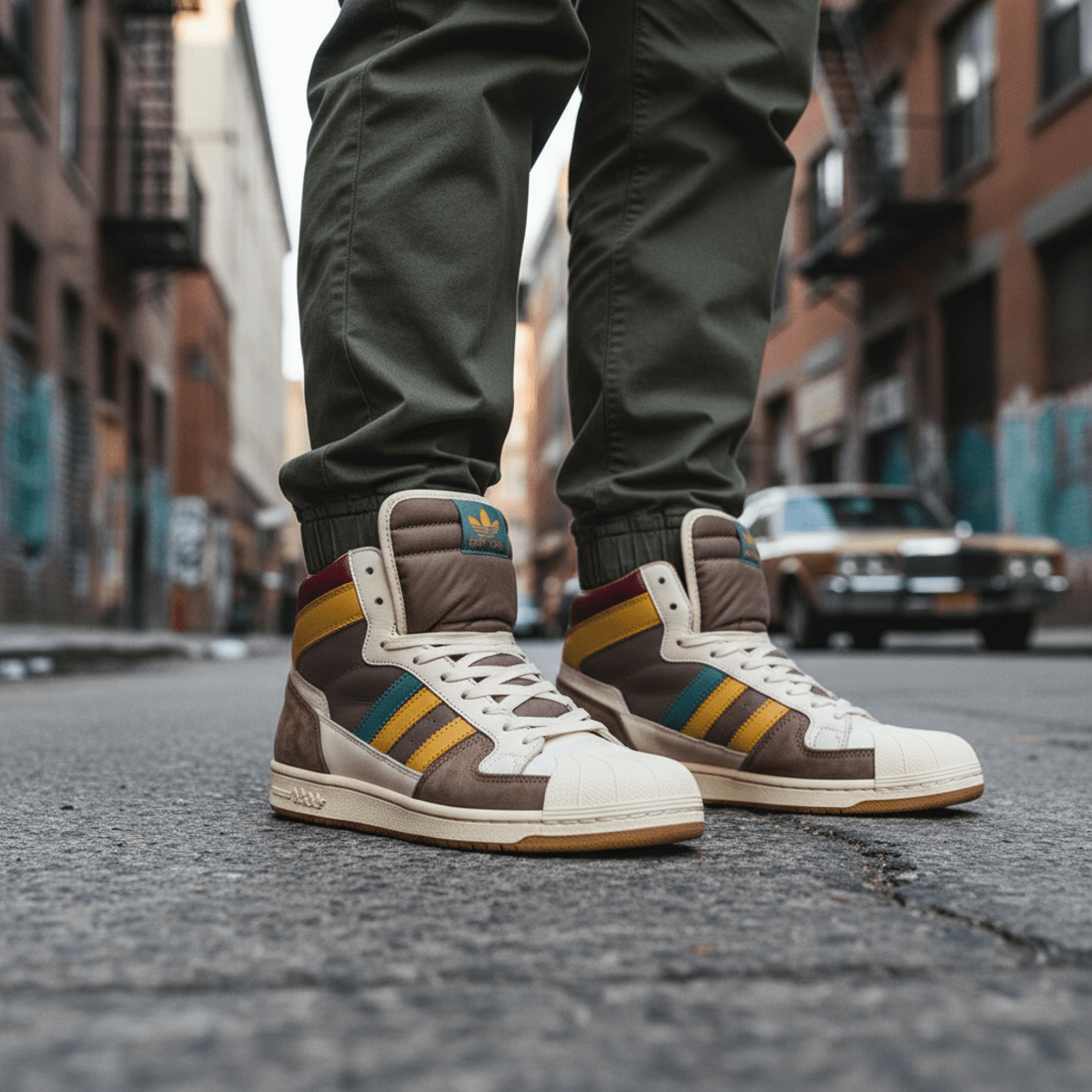80s urban suede high-top sneakers on concrete with muted retro colors.
