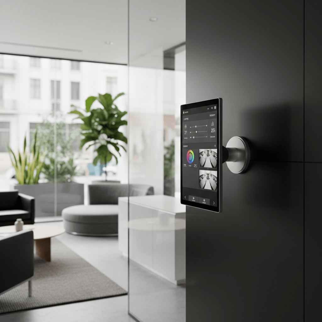 Modern office reception with wall-mounted touchscreen laptop displaying smart home controls.