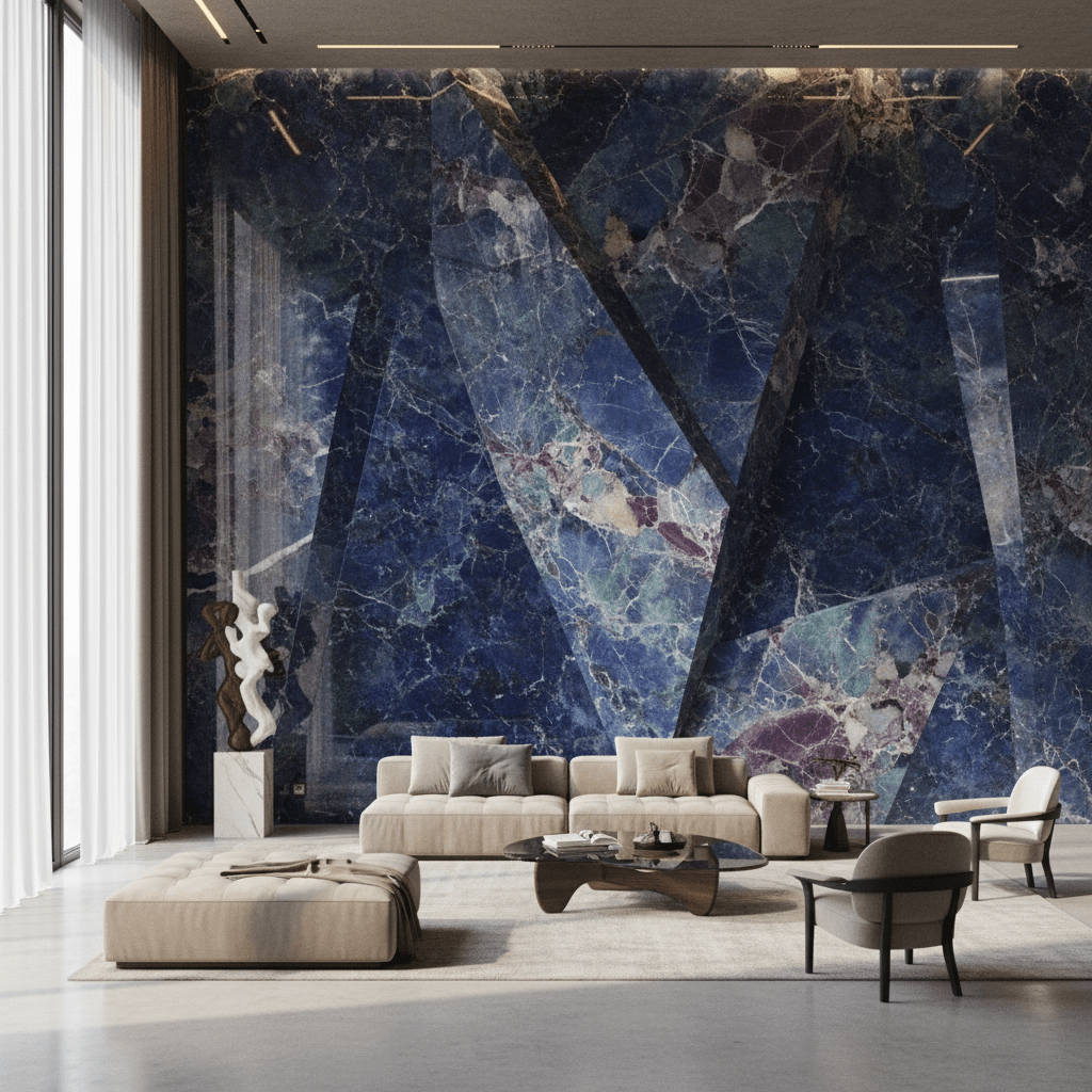 Luxurious interior with jewel-toned marble wall panels and minimalist furniture.
