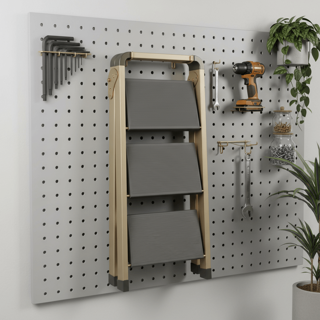 Minimalist folding step ladder with visible hinges stored on a pegboard.