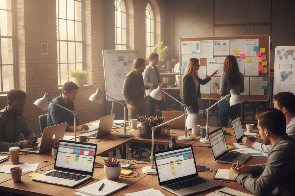 Wide shot of a production studio office with schedules and laptops under natural light, symbolizing strategic planning in streaming seasons
