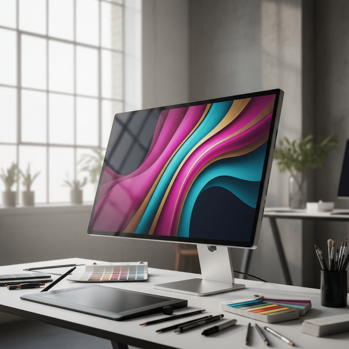 Ultra-modern computer with vibrant Mini-LED screen in a professional design studio.