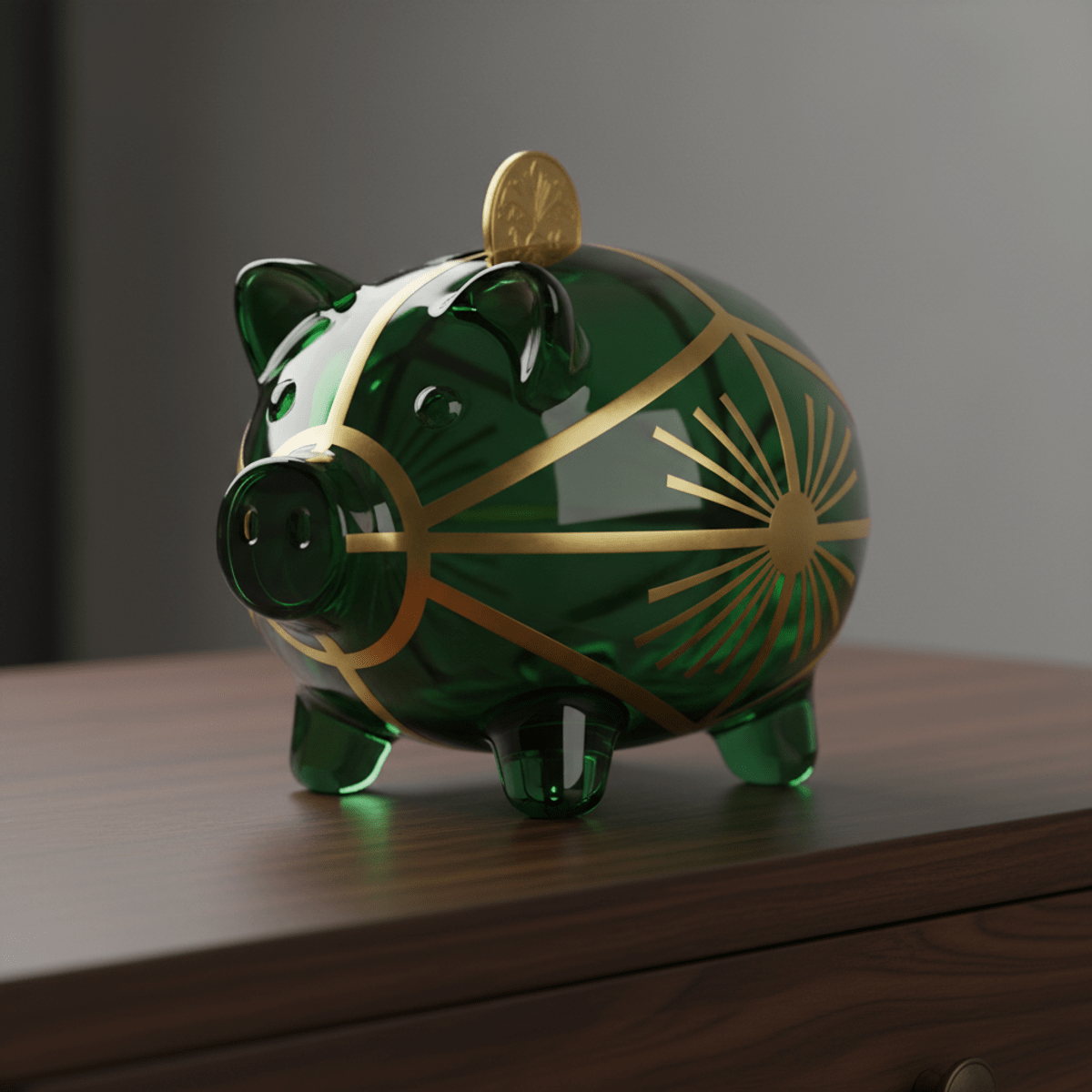 Emerald glass Art Deco piggy bank with brass accents. Luxurious emerald green glass piggy bank with brass geometric details on a dresser.