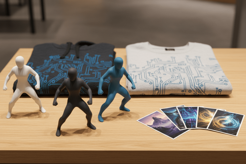 Medium shot of neutral-toned gaming merchandise on a retail display table under natural indoor lighting