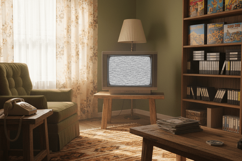 Nostalgic 90s living room featuring a vintage CRT television Wide shot of a retro living room with a CRT TV, board games, and VHS tapes under natural lighting evoking 90s nostalgia