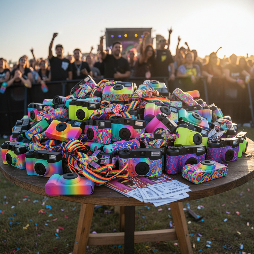Bulk disposable cameras with vibrant festival designs at an outdoor concert.