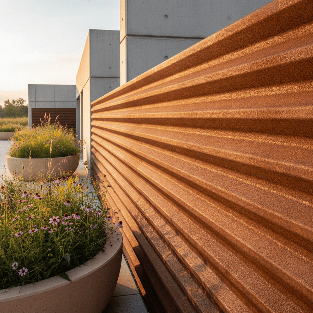 Corrugated Corten steel fence panels with vibrant patina in golden hour light.