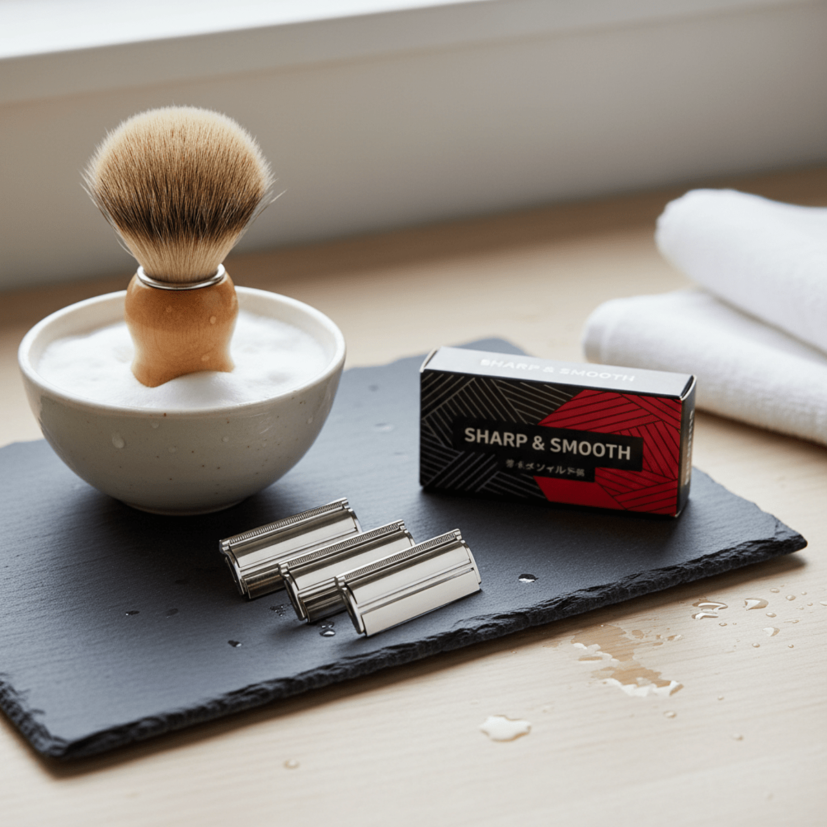Safety razor blades, traditional brush, and lather bowl in a lifestyle shaving scene.