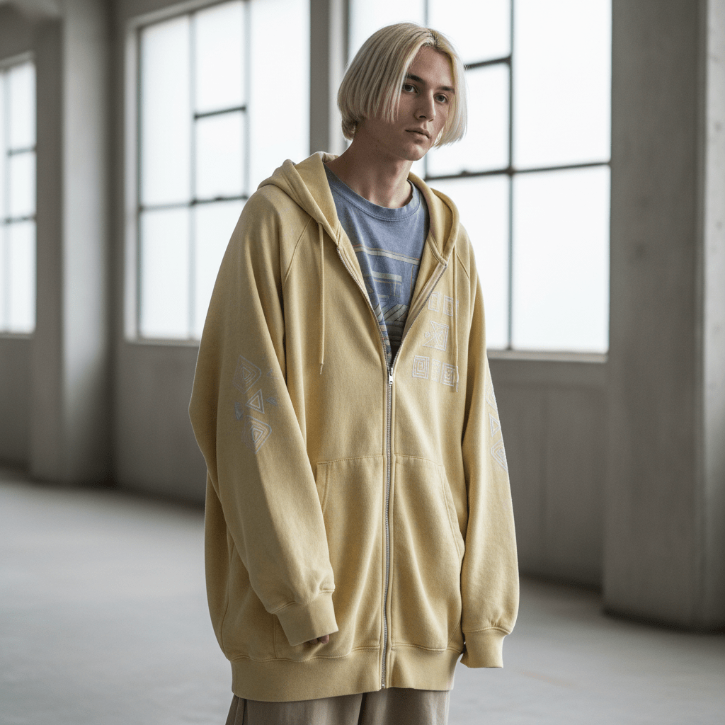 Model in Y2K oversized hoodie with tribal prints in minimalist urban setting.