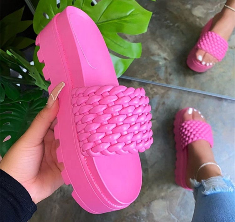 Женские плетеные сандалии на массивном каблуке, сандалии с открытым носком, без застежек, пляжные шлепанцы для улицы, 2021