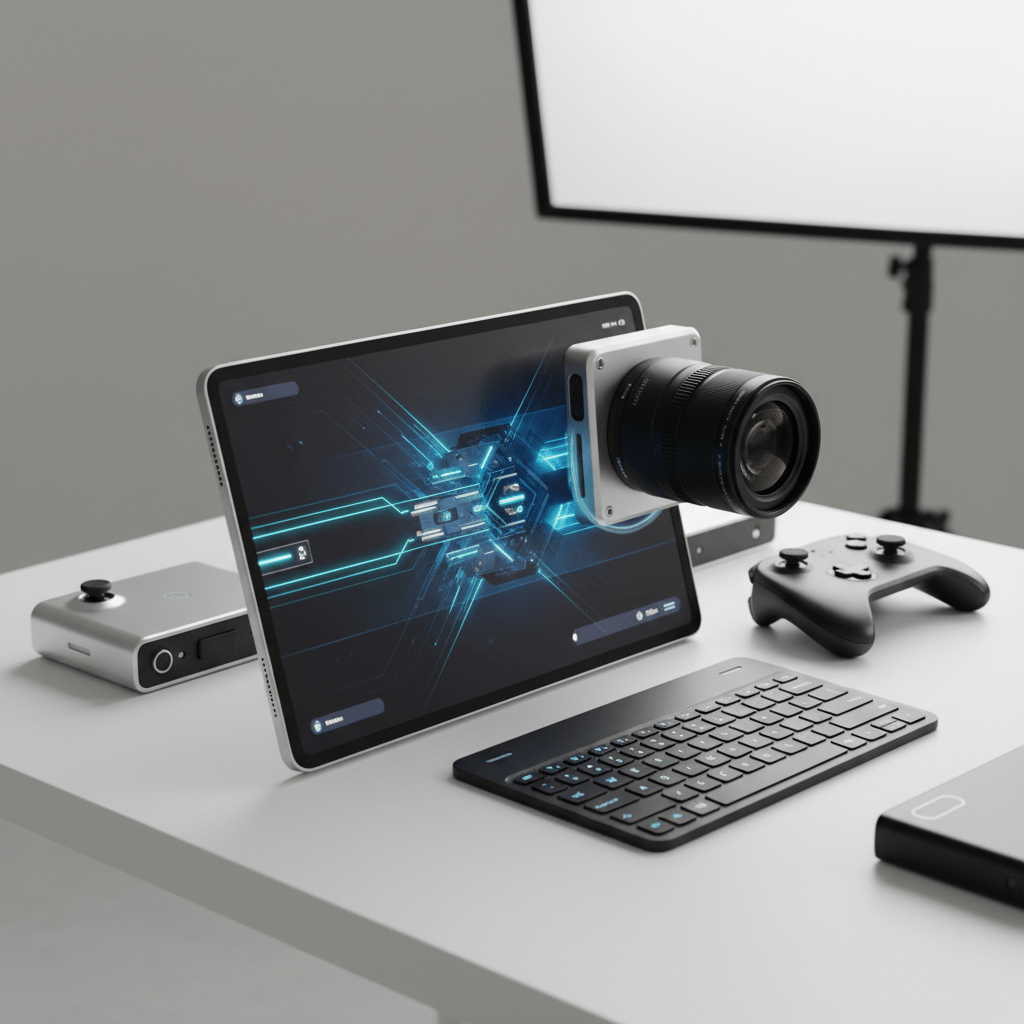 Foldable tablet with magnetic modules on a white desk, showing sleek metallic finish.