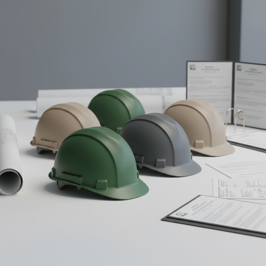 Multiple sustainable hard hats in muted eco-colors on a minimalist white table.