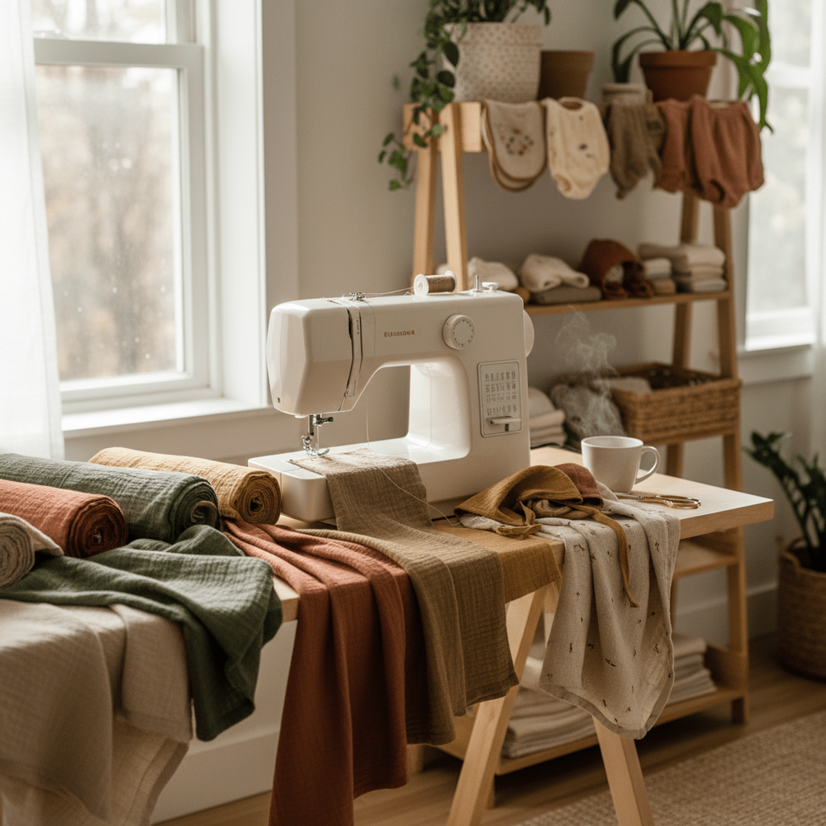 Cozy home sewing area with organic fabrics and baby clothes.