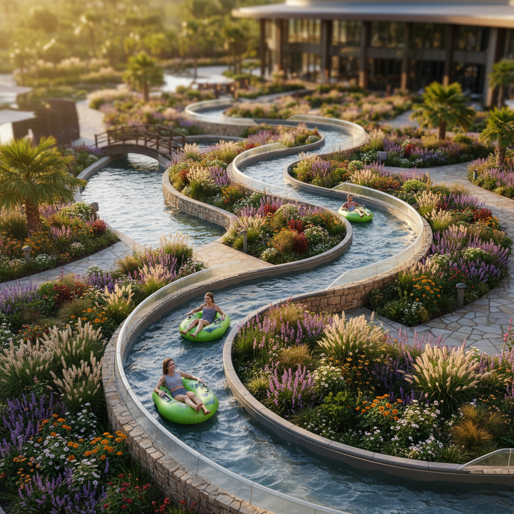 Luxury resort pool slide styled as a winding river in a lush garden.