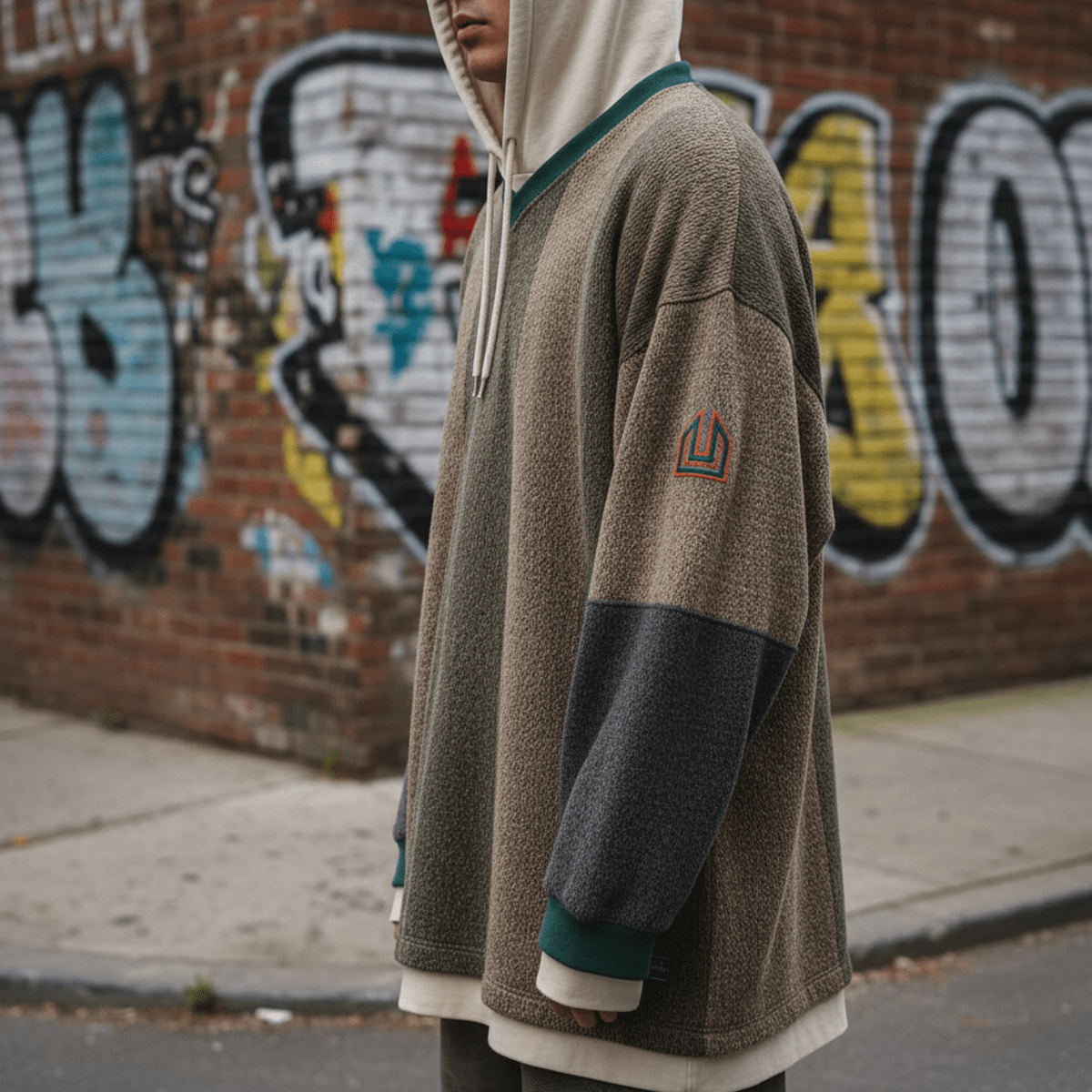 Oversized long sleeve soccer jersey layered over hoodie on urban street.