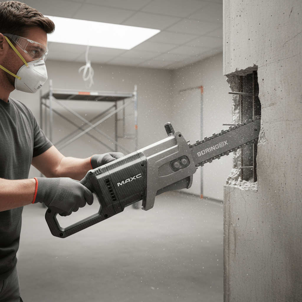 Cordless electric concrete chain saw cutting wall during hospital renovation.