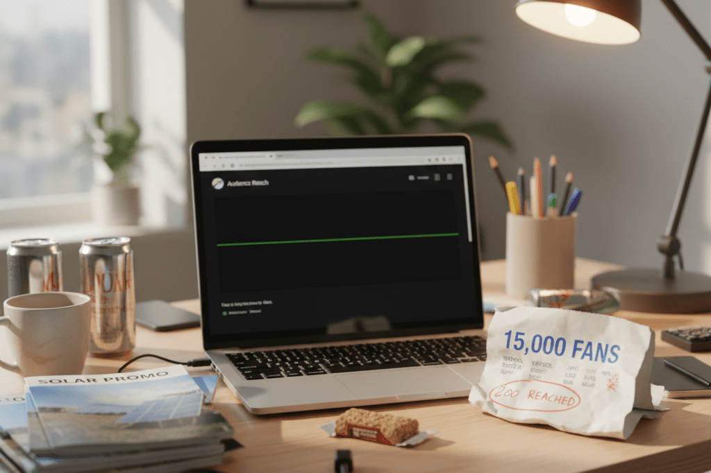 Small Business Social Media Analytics Desk Scene Medium shot of a small business desk with laptop showing low social media reach metrics and generic promotional materials under natural and warm ambient light