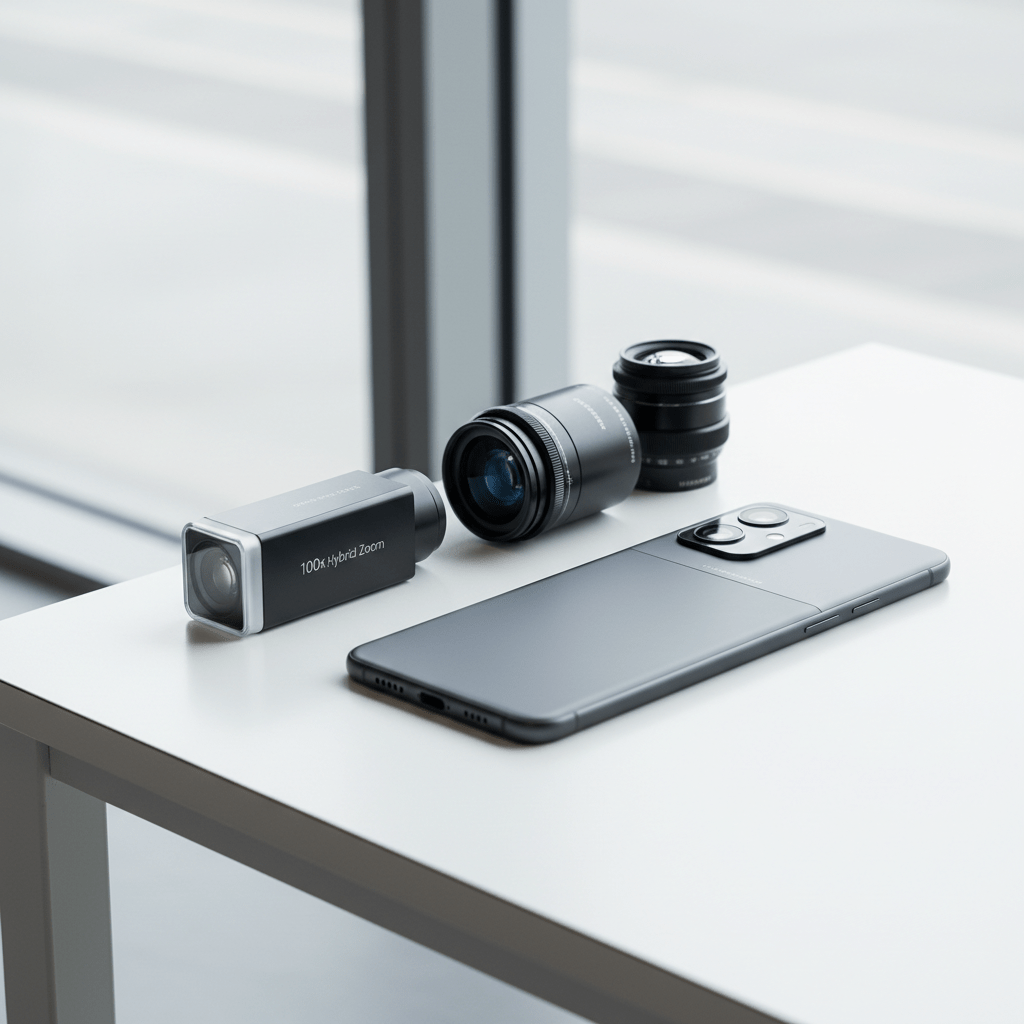 Sleek phone with detachable camera modules on white studio table.